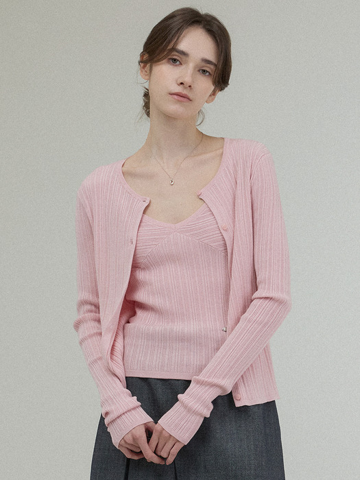 WRINKLE V NECK CARDIGAN SET [PINK]