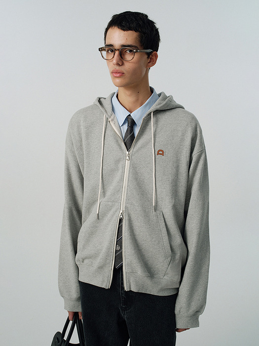 UNISEX LEATHER LOGO ZIP-UP HOODIE MELANGE GREY_M_UDTS5A108G2