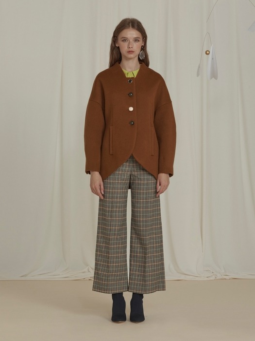Brown Collarless Wool Coat