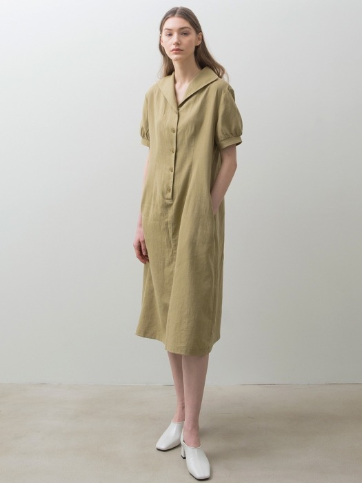 Linen Button Dress - Olive