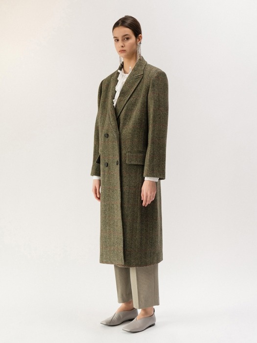 DOUBLE-BREASTED WOOL COAT (KHAKI CHECK)