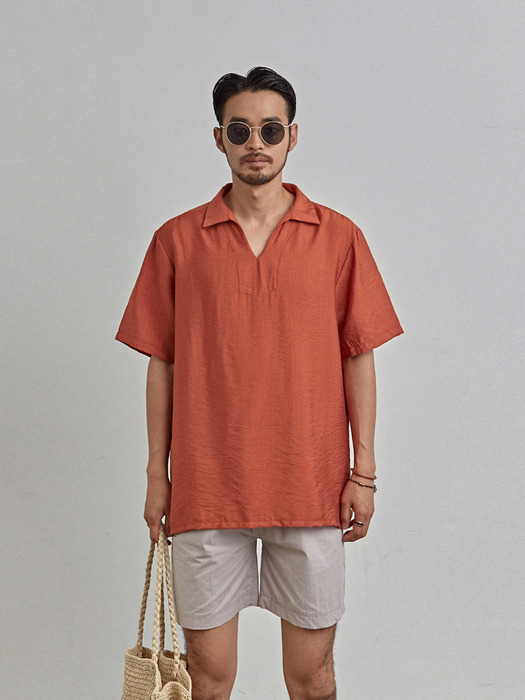 OPEN Y-NECK POLO TEE_BRICK