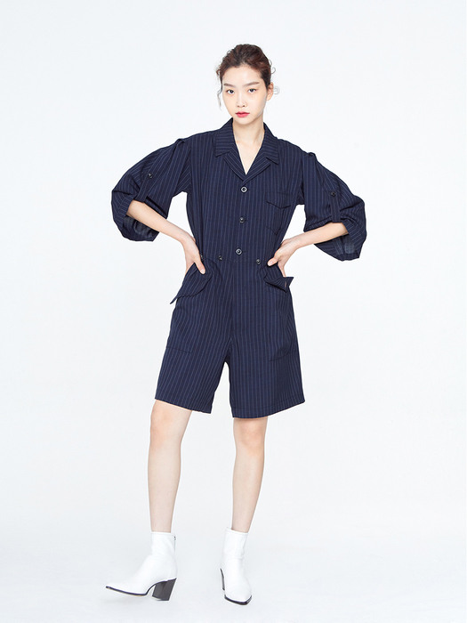 New Stripe puff shoulder Short Jumpsuit