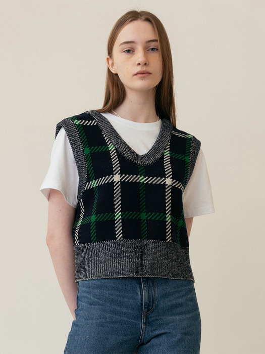 A CHECK RIBBON KNIT VEST [3 colors]