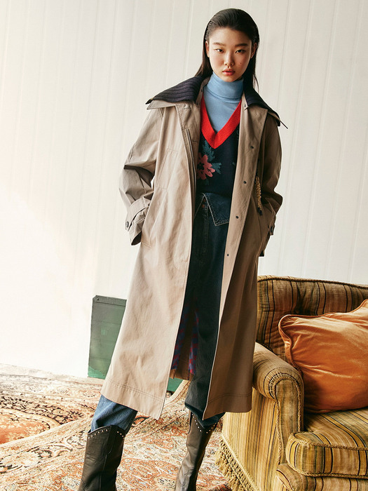 Detachable Knit Collar Single Trench Coat_LFCAW21300KHL