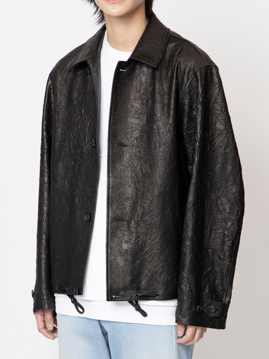 DRAWSTRING LEATHER JACKET / BLACK