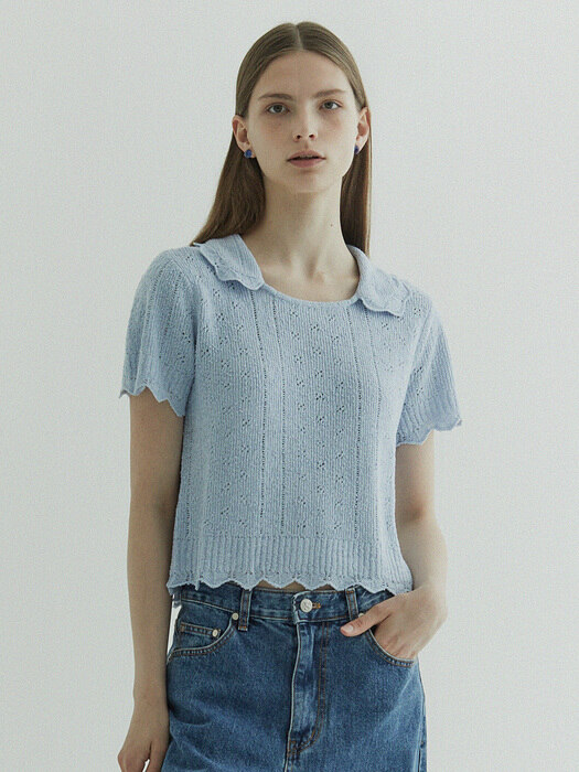 [단독] Via Phoebe collar knit top_Sky blue