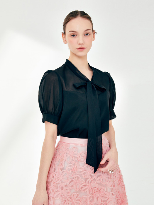 RUAH Organza tie short sleeve blouse (Black)