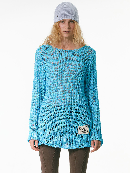 FLOWER PATCH KNIT PULLOVER, BLUE