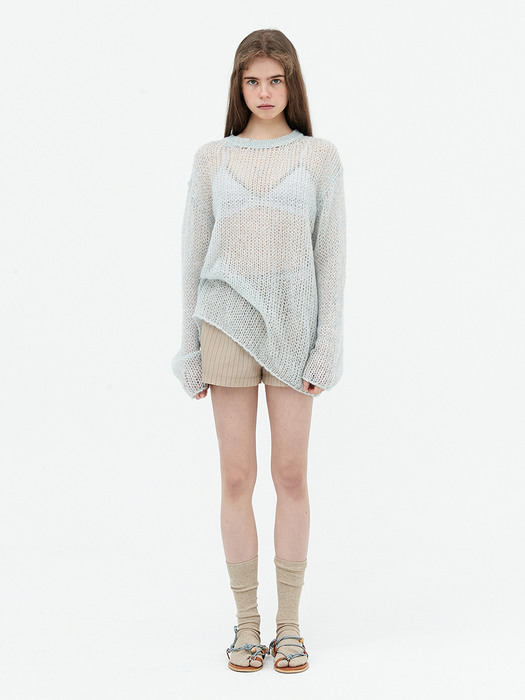 Mohair two-tone long knit. Cream/Sky blue
