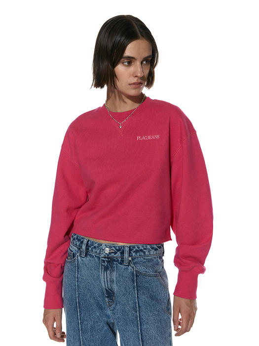 플랙 로고 크롭 스웨트 셔츠 핑크
