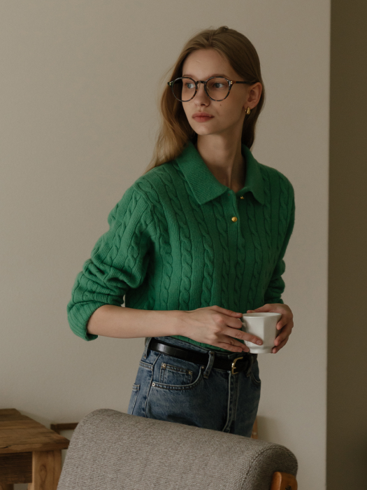 Cable collar neck knit top_Green