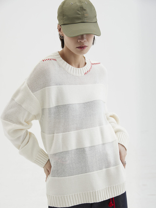 [UNISEX] Hand Stitched Striped Knit Sweater Ivory