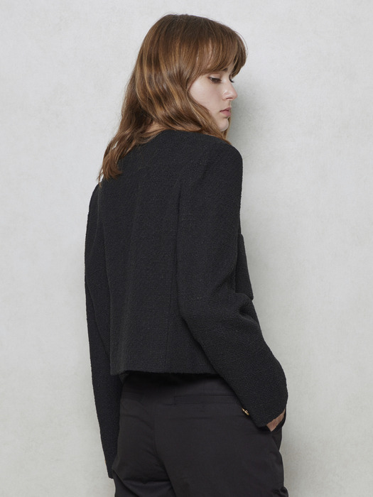 Pocket Tweed Cropped Jacket with Heart button_Black