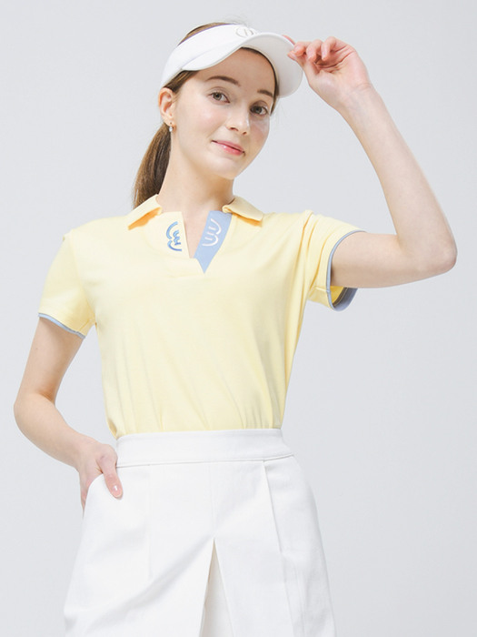 23SS 골프 오픈 넥 셔츠카라 버터 옐로우 반팔 티셔츠
