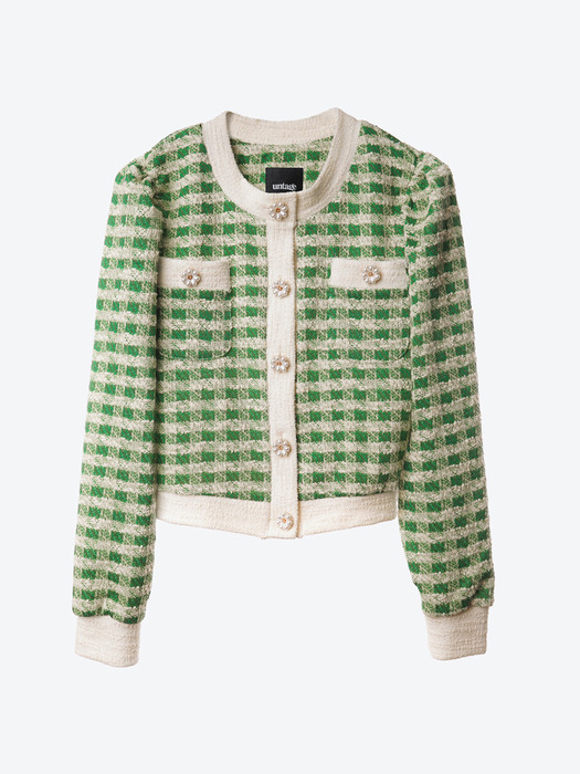 Gingham Boucle Cropped Knit Cardigan(Green)_UTW-SC11