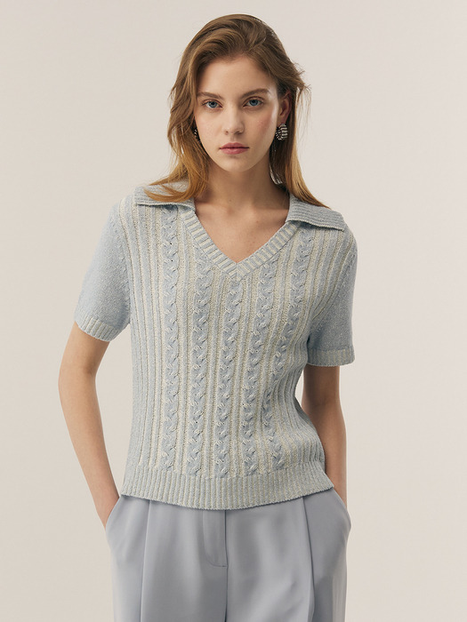 [KNIT] Cable Open Collar Knit Top _ 2color