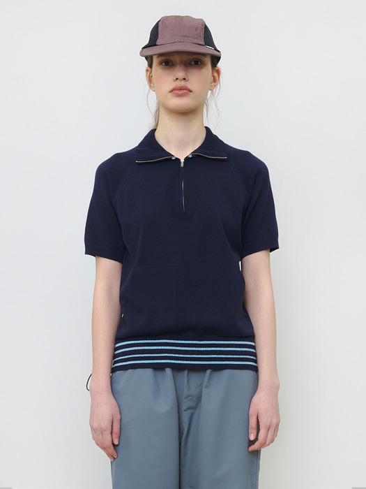 [Women] Two Pocket String Half Zip-Up Knit Top (Navy)