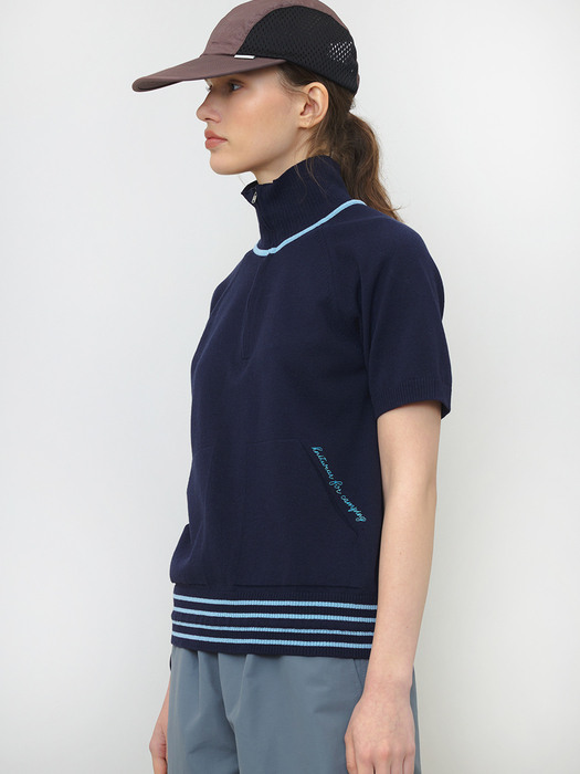 [Women] Two Pocket String Half Zip-Up Knit Top (Navy)
