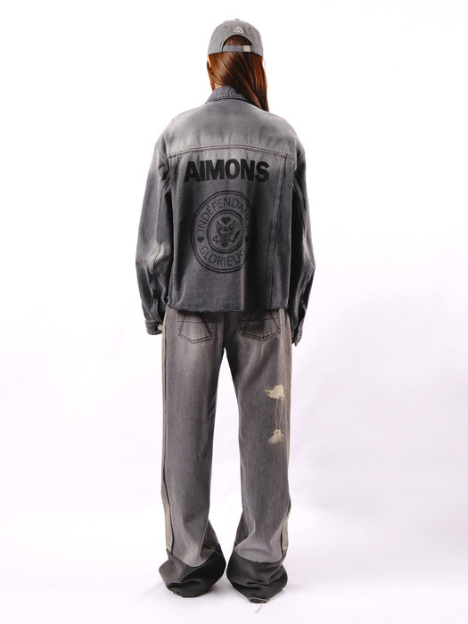 EMERY CROPPED LOGO-EMBROIDERED DISTRESSED GRAY DENIM JACKET
