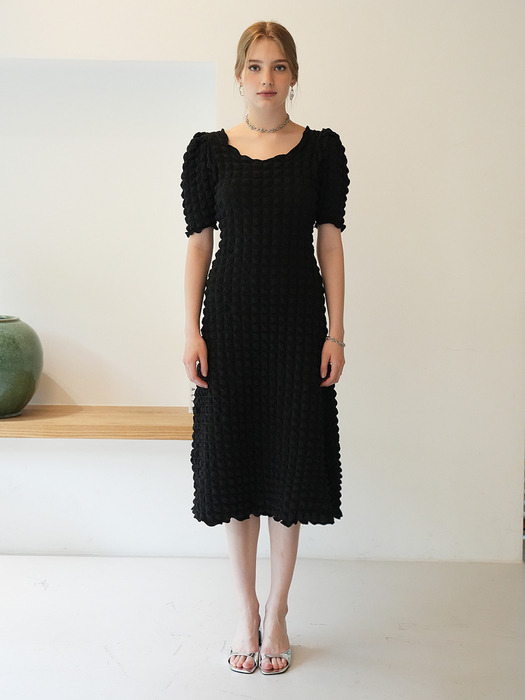 ROLA puff-sleeve midi dress (black)