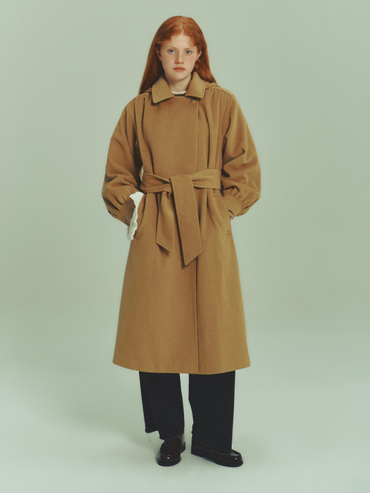 23FW  Shirring-Sleeve Hooded Wool Blend Angora Coat 2color