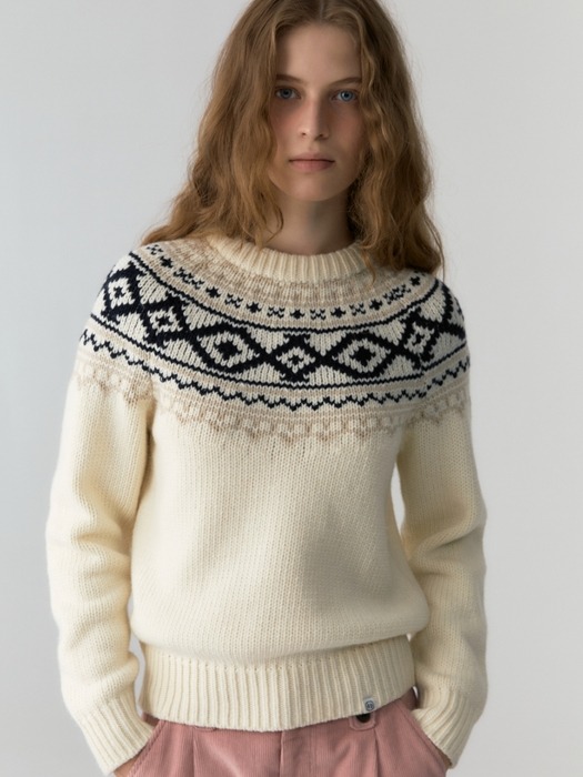 fair isle knit pullover - ivory/navy