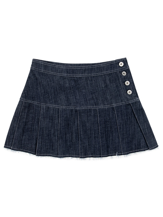 NON-FADE PLEATED DENIM SKIRT [DARK BLUE]