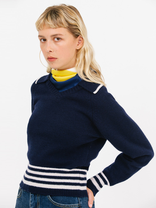 open collar stripe knit_navy