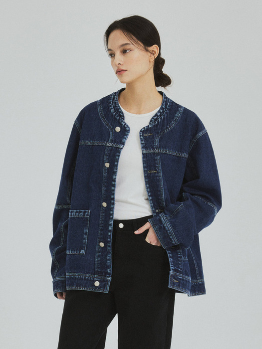 W/Collarless Denim Trucker Jacket-Indigo blue