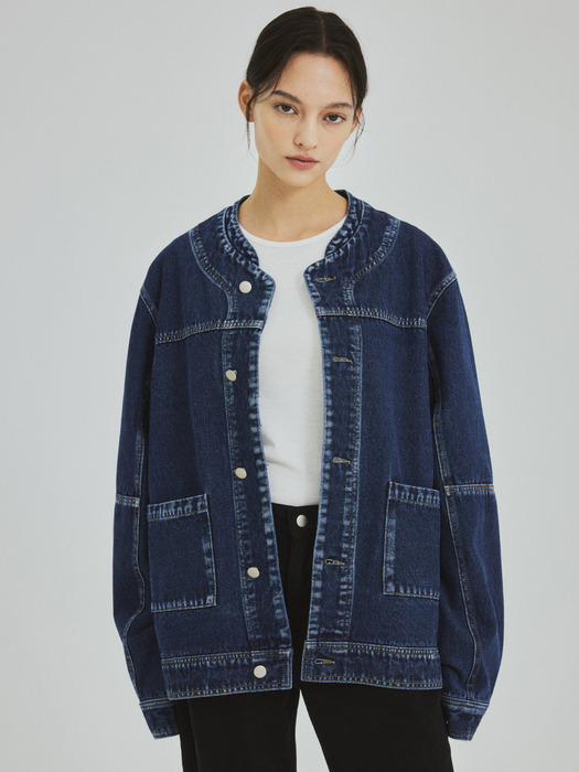 W/Collarless Denim Trucker Jacket-Indigo blue