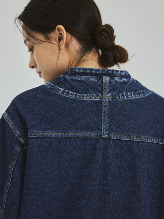 W/Collarless Denim Trucker Jacket-Indigo blue