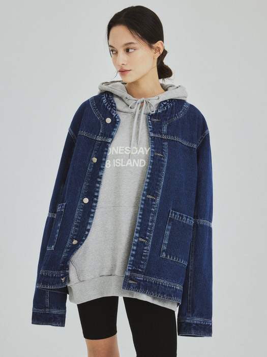 W/Collarless Denim Trucker Jacket-Indigo blue