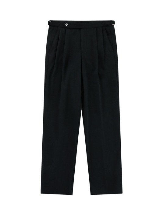 Wool worsted adjust 2Pleats relaxed Trousers (Black)