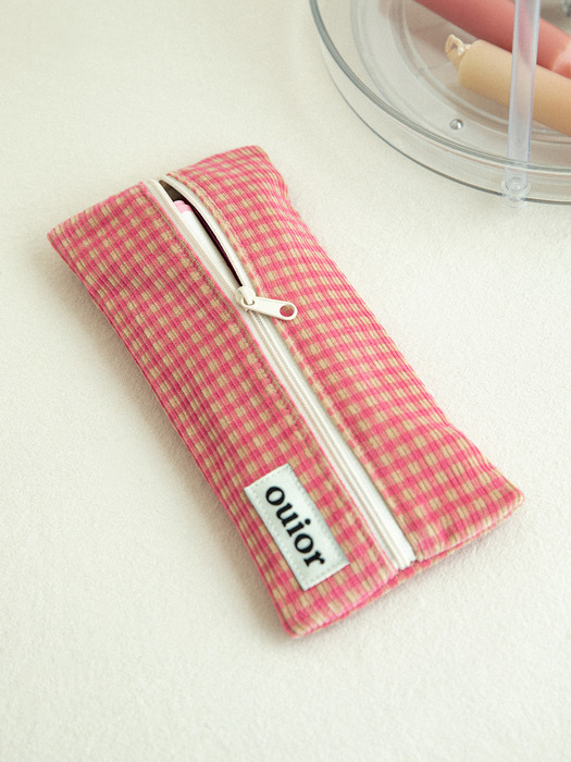 ouior flat pencil case - corduroy cherry pink check(middle zipper)