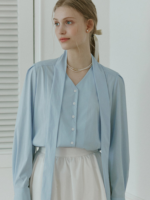 V-neck Tie Blouse - Sky Blue