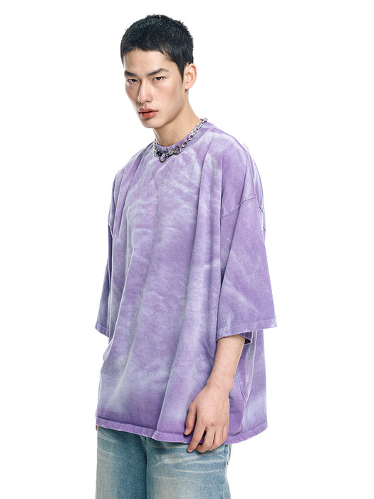 Washed Bold Neck Overfit Short Sleeve T-Shirt - Purple