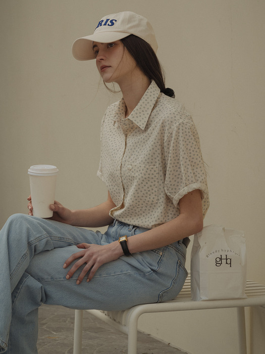 Balloon sleeve flower shirt_Sky blue