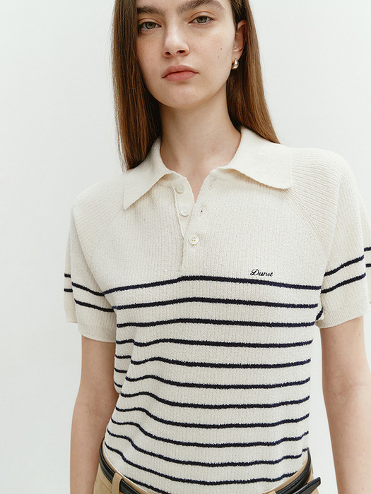 UNISEX COLLARED STRIPE KNIT CREAM_UDSW4B129CR