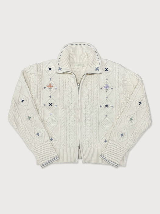 Alps Knit Zip-up Cardigan Flower Stitched by Hand_IVORY