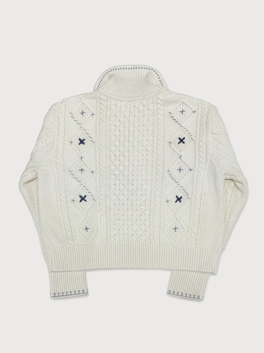 Alps Knit Zip-up Cardigan Flower Stitched by Hand_IVORY