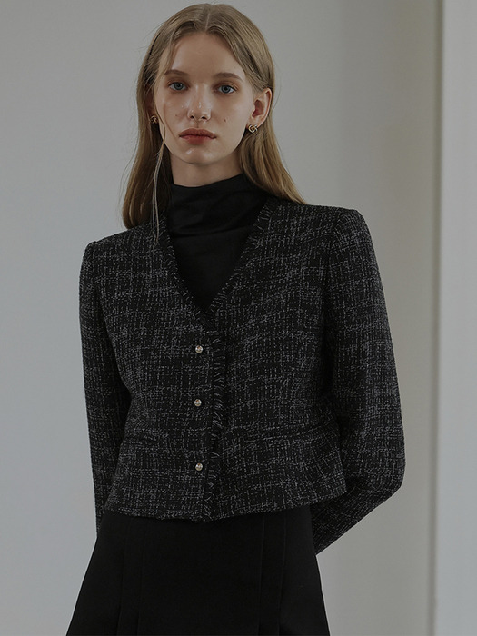 Harry Collarless Tweed Jacket [Mixed Black]