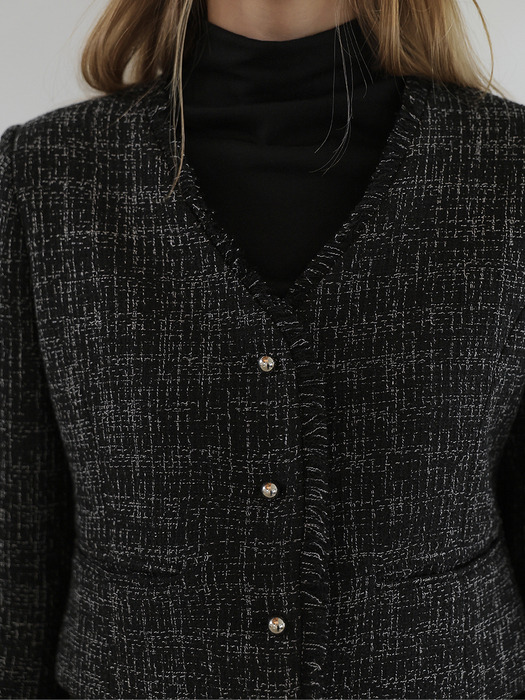 Harry Collarless Tweed Jacket [Mixed Black]