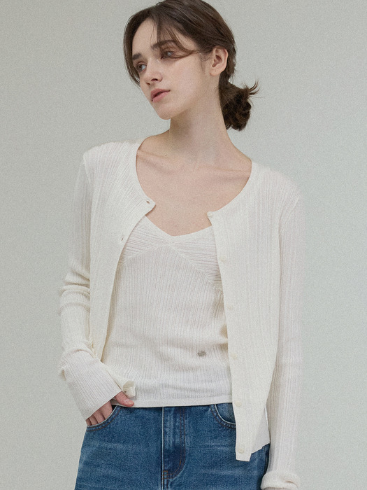 WRINKLE V NECK CARDIGAN SET [IVORY]