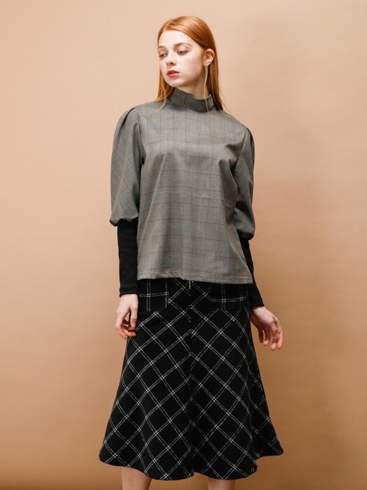 CHECK PUFF SLEEVE BLOUSE_BROWN