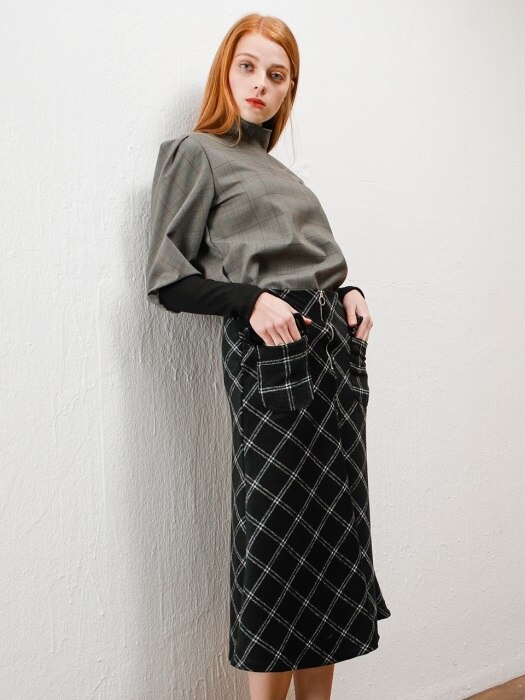 CHECK PUFF SLEEVE BLOUSE_BROWN