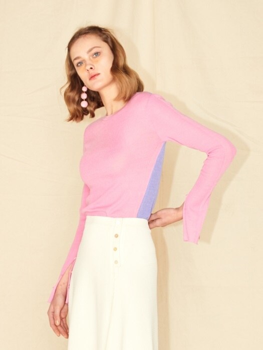 TWO-TONE KNIT PULLOVER_PINK/IVORY