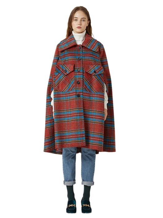 CHECKED PONCHO COAT WFWCT-039-RD