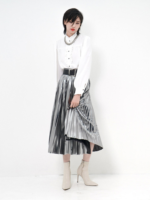 High-Rise Glitter Pleated Midi Skirt(Silver)_UWS-FS06