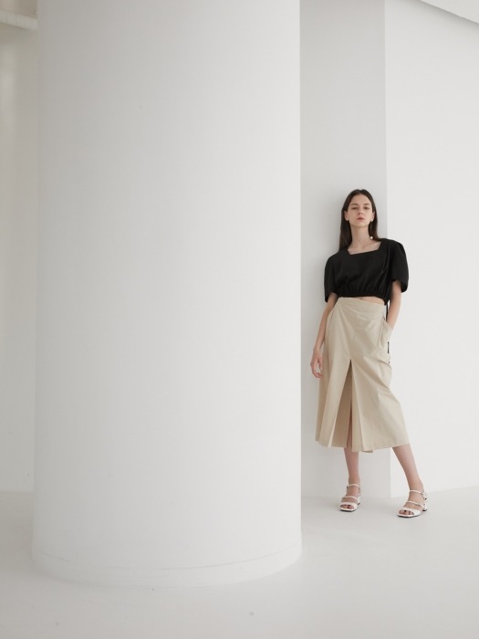 19 SUMMER_Beige Cotton Midi Casual Skirt 